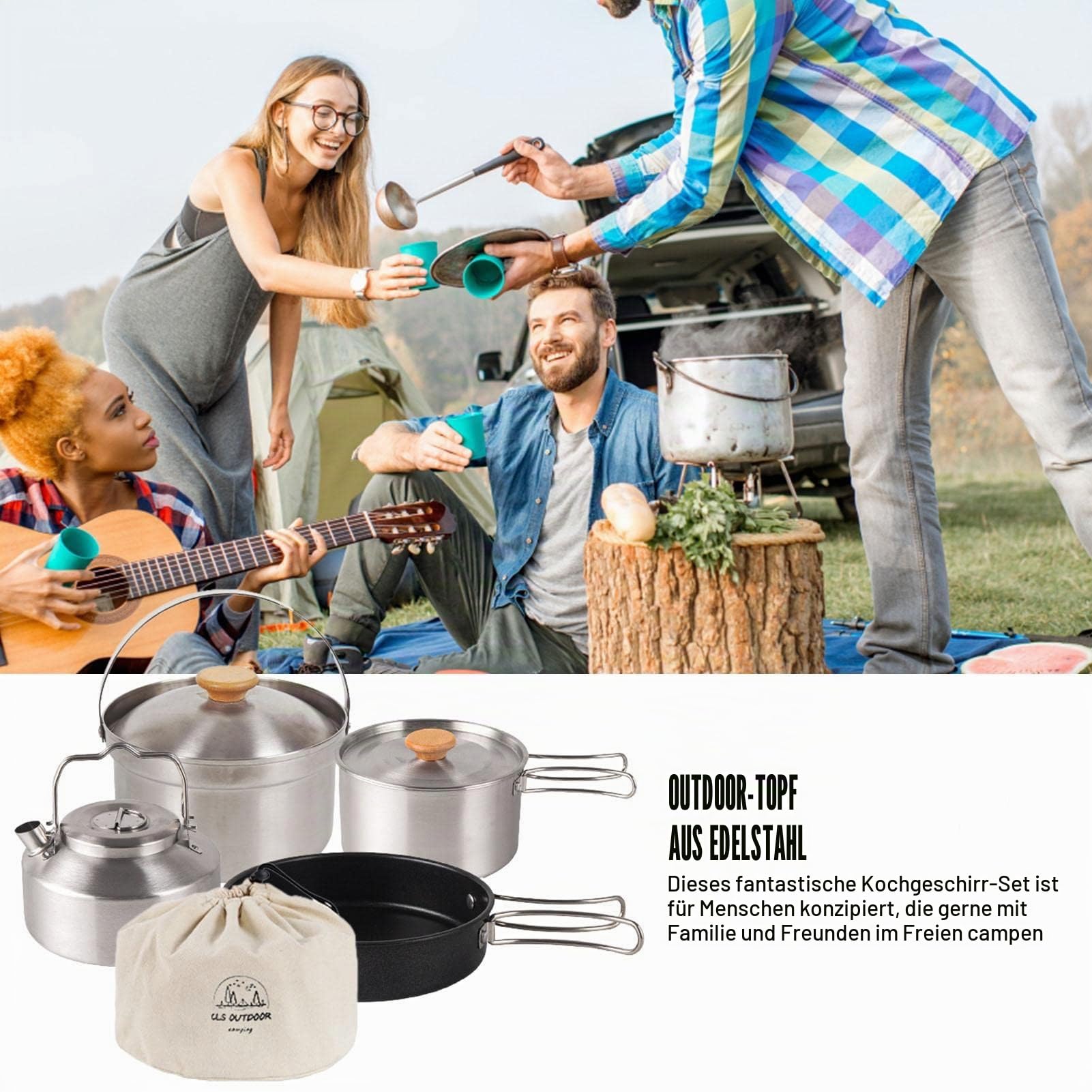 Outdoor Kochgeschirr Set, Camping Kochgeschirr Set aus Edelstahl, Faltbare Kochtopf Hängetopf Wasserkocher und Aufbewahrungstasche, Outdoor Kochset für Camping Picknick Wandern