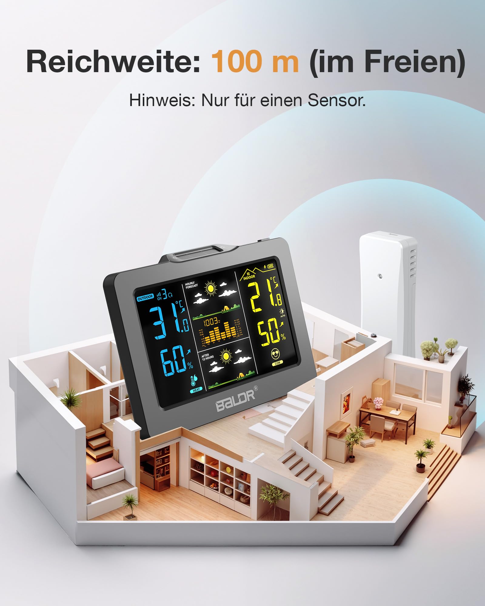 BALDR Wireless Wetterstation mit Außensensor, Digitales Farbdisplay – Innen/Außen Thermometer & Hygrometer, 1h + 12h Wettervorhersage, Wiederaufladbarer Akku