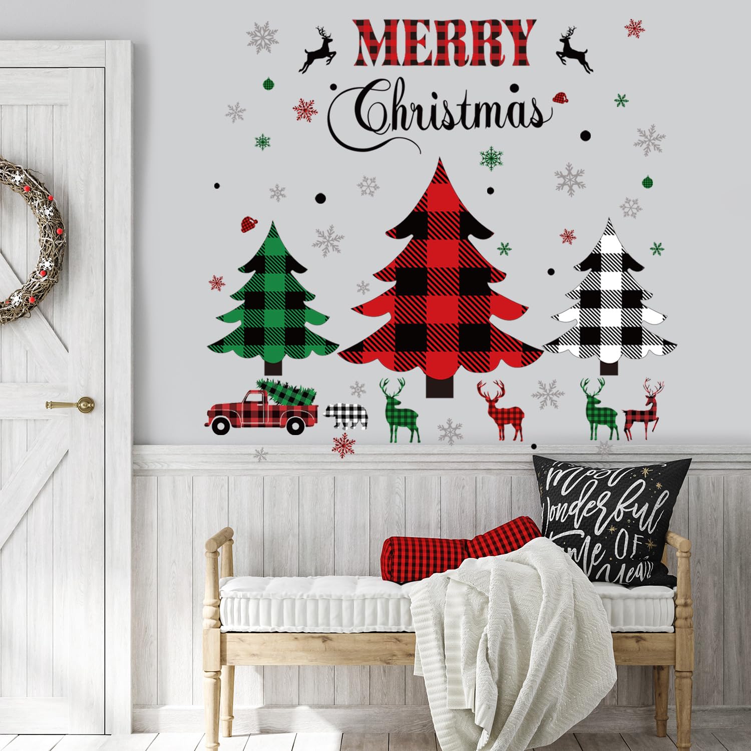 Christmas Wall Sticker Christmas Trees Window Clings Rustic Buffalo Check Plaid Xmas Tree Wall Decal Farmhouse Reindeer Snowflake Wall Sticker Waterproof Truck Wallpaper for Showcase Window Room