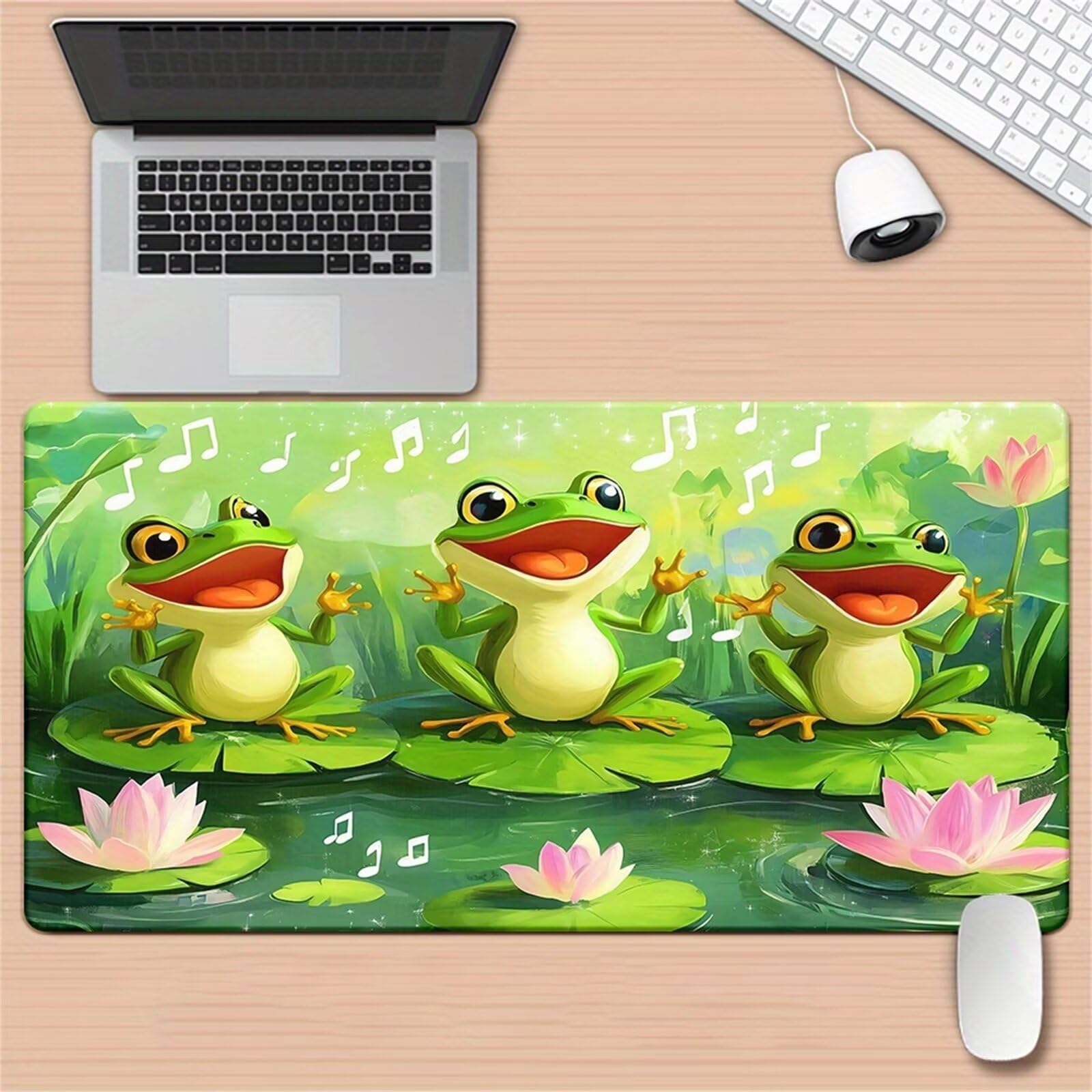 Alfombrilla de Ratón XXL 900x400x2mm, Alfombrilla de Escritorio Grande Rana Loto, Mouse Pad Gaming Antideslizante con Bordes Cosidos para Teclado, PC y Oficina