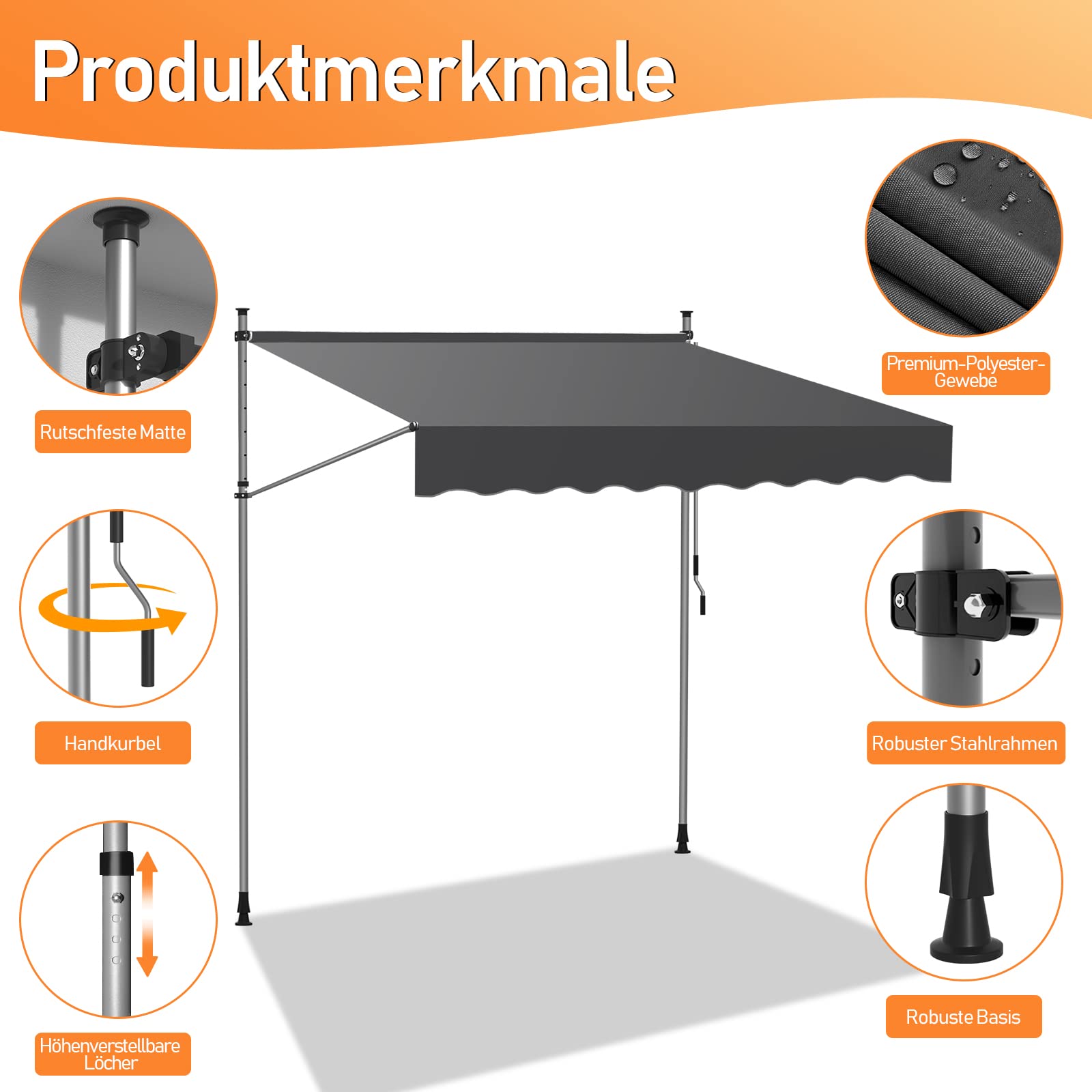 Daromigo Markiza zaciskowa, balkonowa, 400 x 120 cm, z regulacją wysokości, z korbą ręczną, odporna na promieniowanie UV, ochrona przed słońcem, bez wiercenia, na balkon, do ogrodu, szara