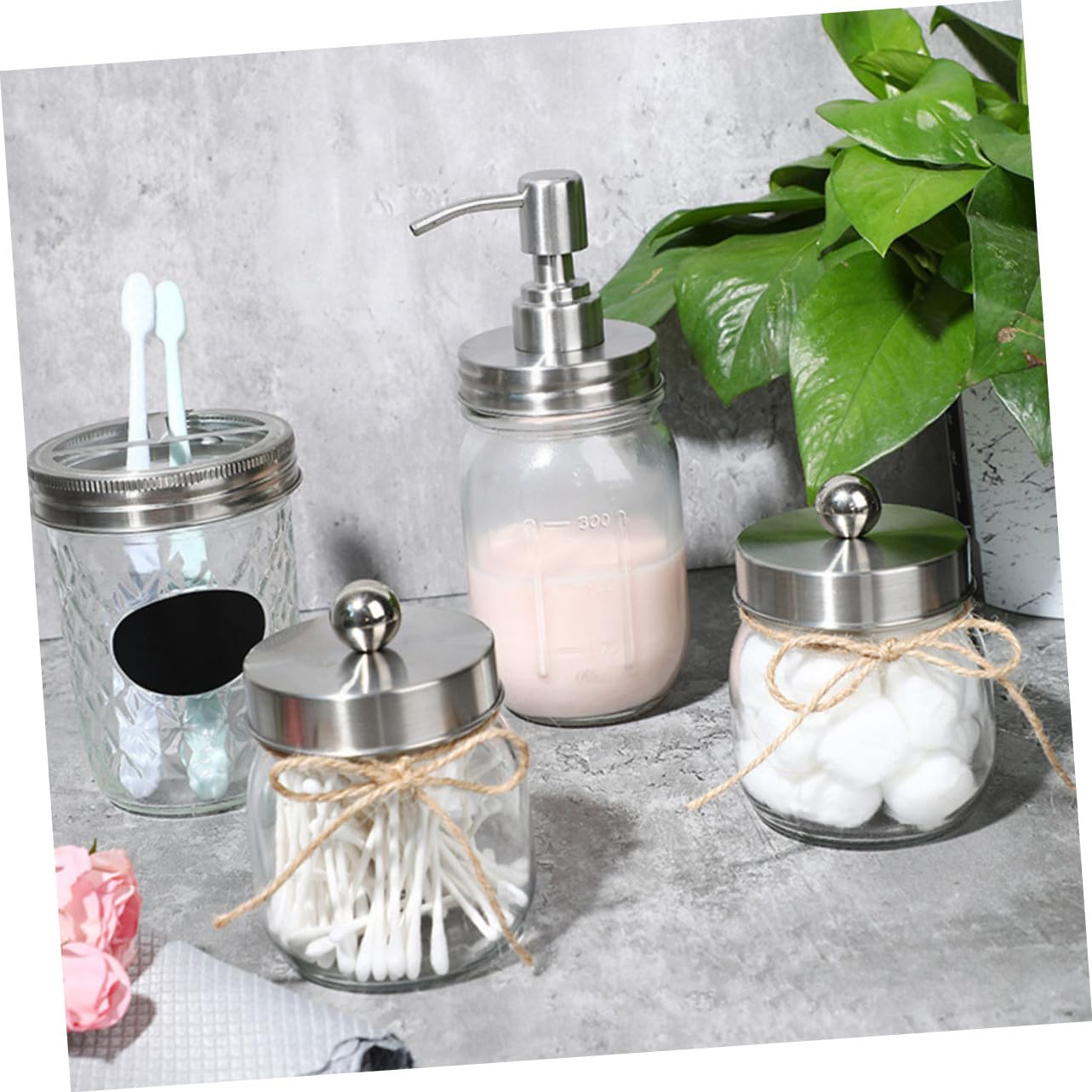 Cabilock Juego De Accesorios Baño Vidrio Vaso para Cepillo De Dientes y Vaso para Hacer Gárgaras, Tapa Plateada, 4 Piezas, Material Duradero, Práctico para Uso Doméstico y Limpieza Diaria