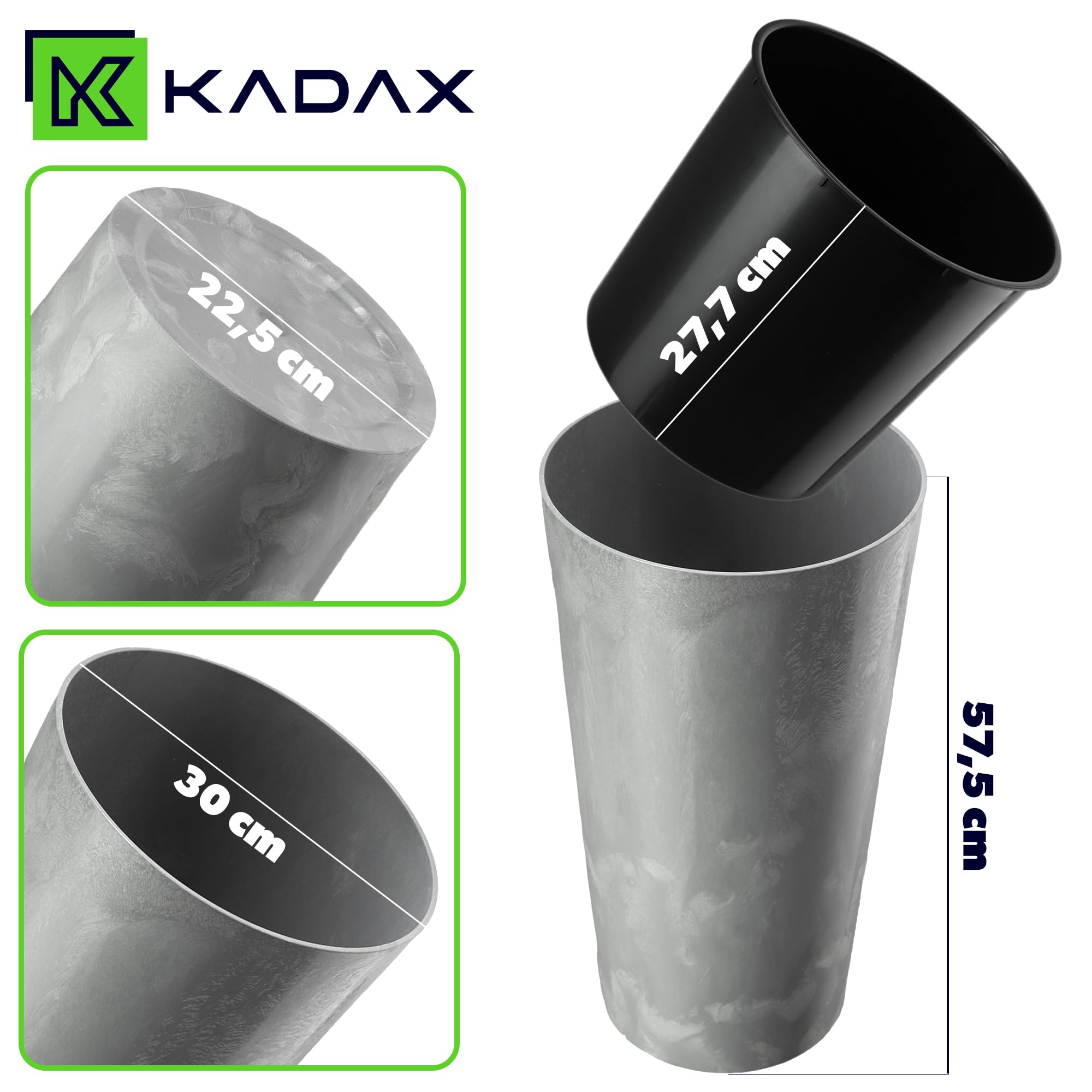 KADAX 3er Set Blumentopf mit Holzspänen, eleganter Übertopf mit herausnehmbarer Einlage, Blumentopfschutz für Büro, Blumenkübel, Topf, Gartenschale (Grauer Beton)
