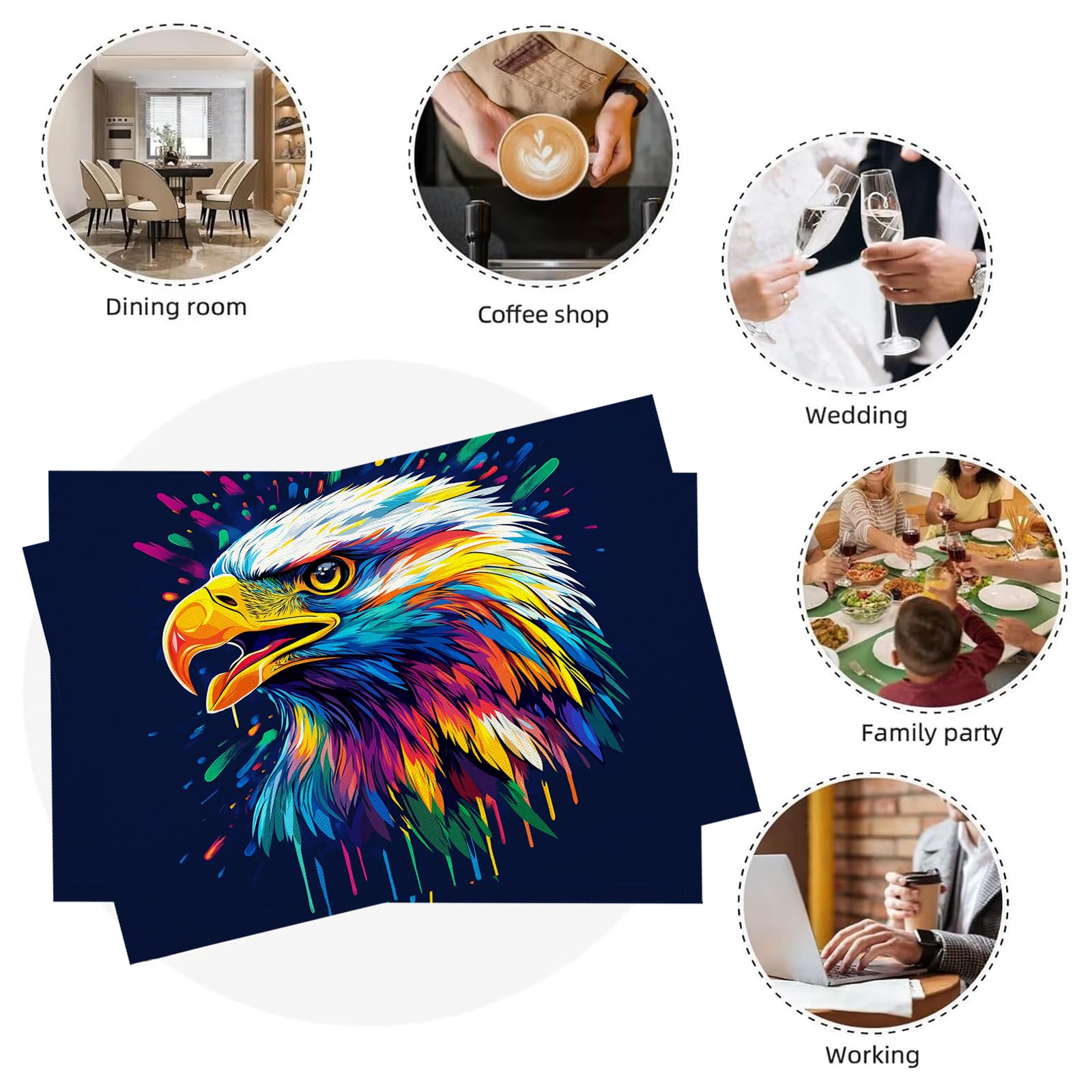 Tovaglietta Americana Animali colorati in Cotone Lino Rettangolare - Tovagliette Set di 8 Testa d'aquila graffiti Resistente al Calore per La Cucina, Il L'Ufficio, 30 x 45cm