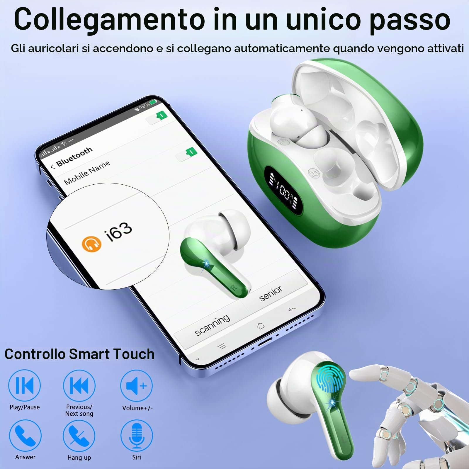 Ordtop Cuffie Bluetooth, Auricolari Bluetooth 5.3 con 4 HD ENC Cancellazione Rumore Mics, 40 Ore HiFi Stereo Cuffiette Bluetooth con LED Display USB-C, IP7 Impermeabili Cuffie Wireless per Android/iOS
