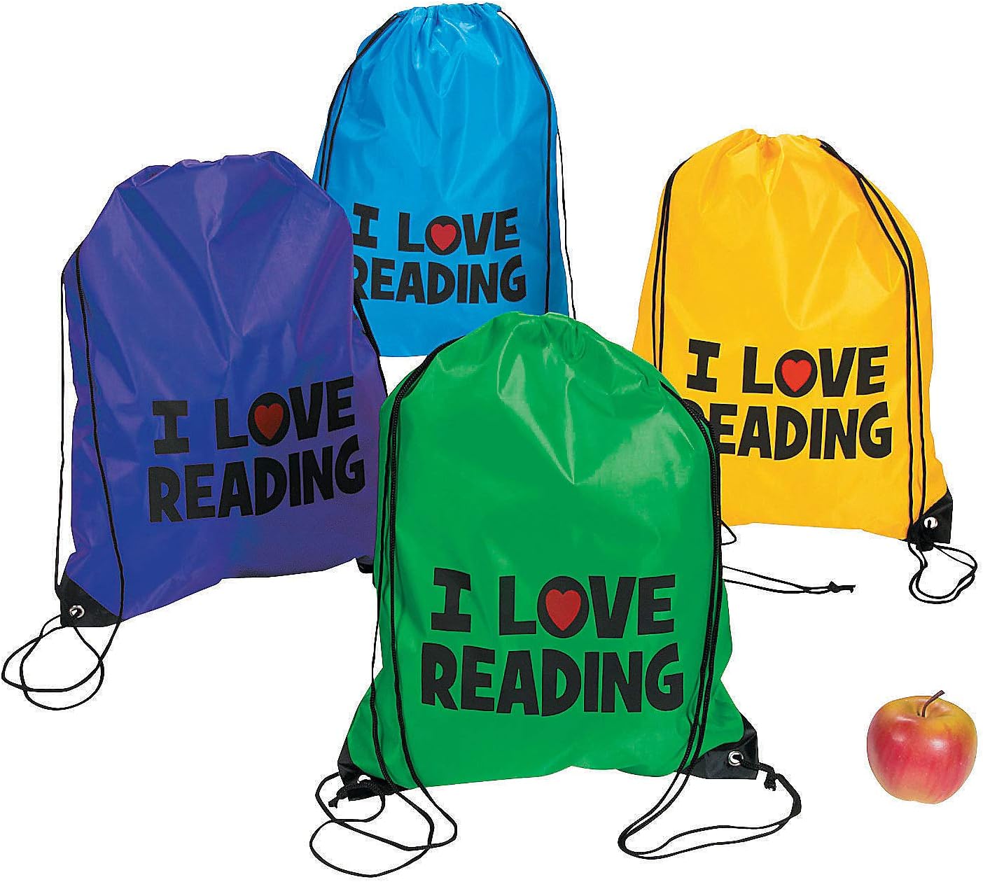 Fun Express I Love Reading Drawstring Backpack Bags Bulk 12 Pack - Kids Drawstring Bags for School Supplies & Party Favor Tote Bag Packs | Small String Bag Set for Classroom Giveaways & Events