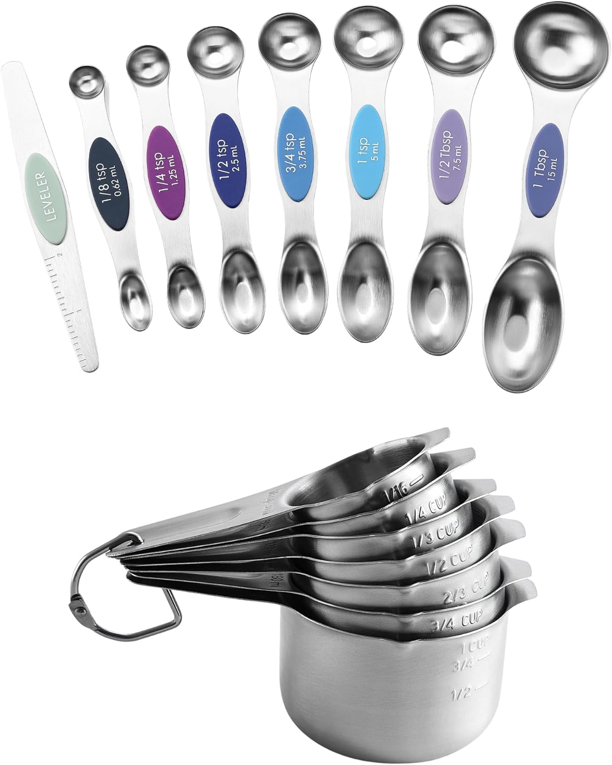 Spring Chef Dual Sided Magnetic Measuring Spoons Set, Winter Frost, Set of 8 & Stainless Steel Measuring Cups, Set of 7-2 Product Bundle