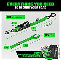 Vista 5 de Rhino USA Kit de correas de trinquete resistentes (paquete de 4) – 1.6 pulgadas x 8 pies de resistencia mínima a la rotura (5,000) – Correas