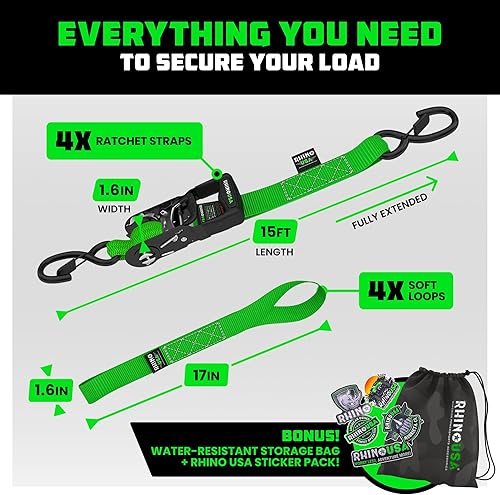 Miniatura 5 de RHINO USA Juego de correas de trinquete, resistencia a la rotura de 5,208 lbs - Incluye (4) lazos de trinquete resistentes con asas acolchadas y