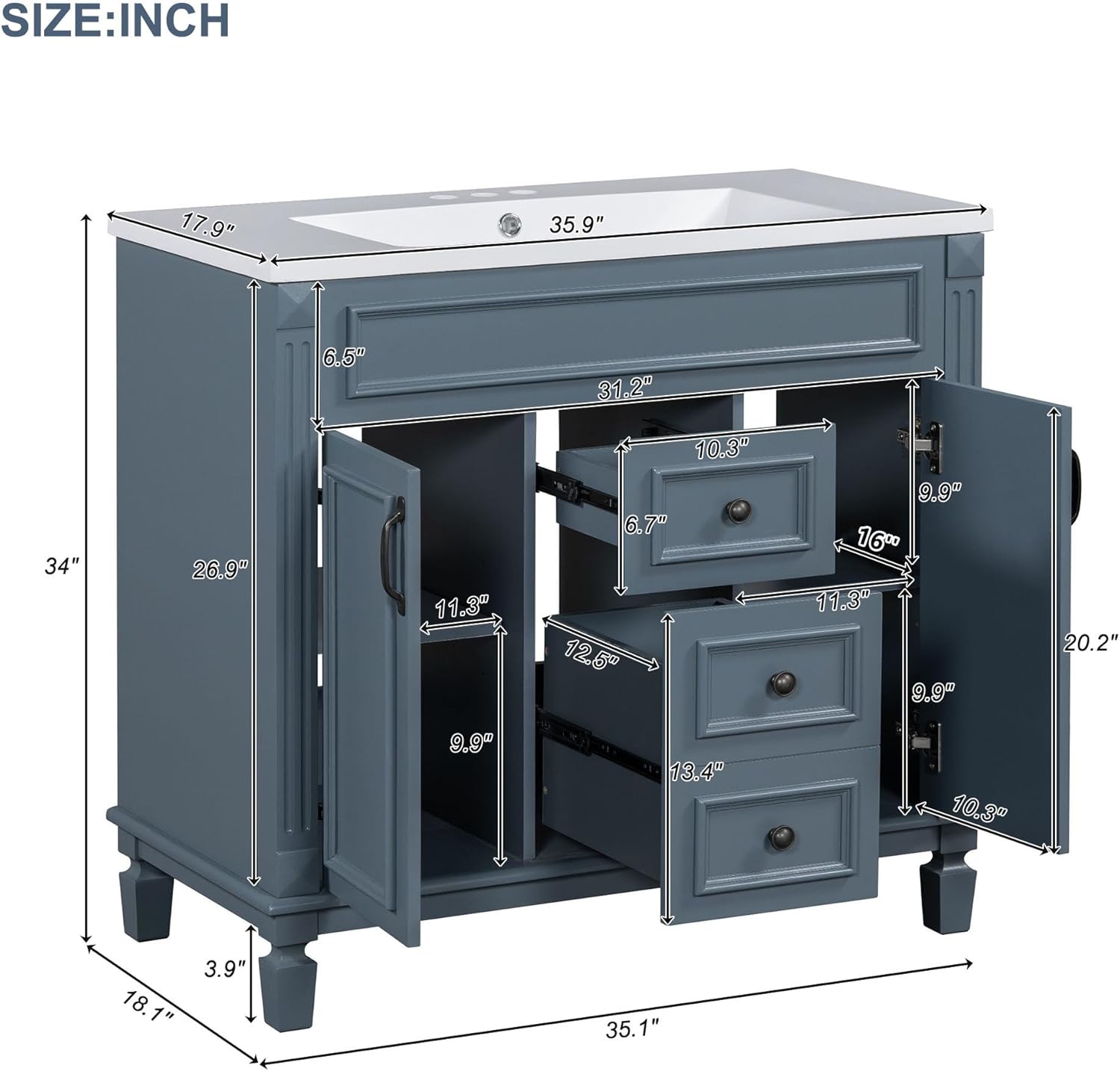 LUMISOL 36" Bathroom Vanity Sink Combo with Mirror, Navy Blue Single Sink Shaker Cabinet with Soft Closing Door and Drawers, Wooden Bathroom Cabinet with Ceramic Basin for Bathroom