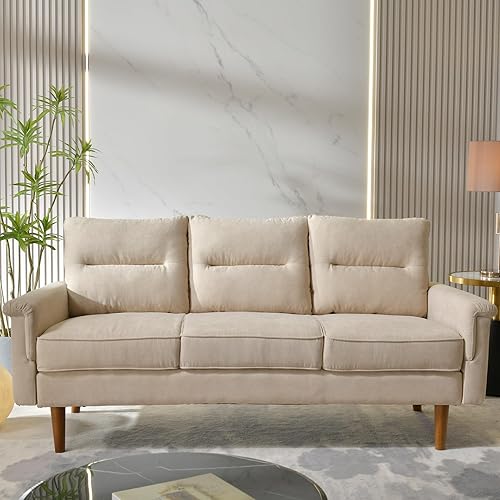 ovios Sofá moderno de mediados de siglo con piel sintética, sofá tapizado Compy con asiento profundo, sofá de 3 plazas con sensación de nube para