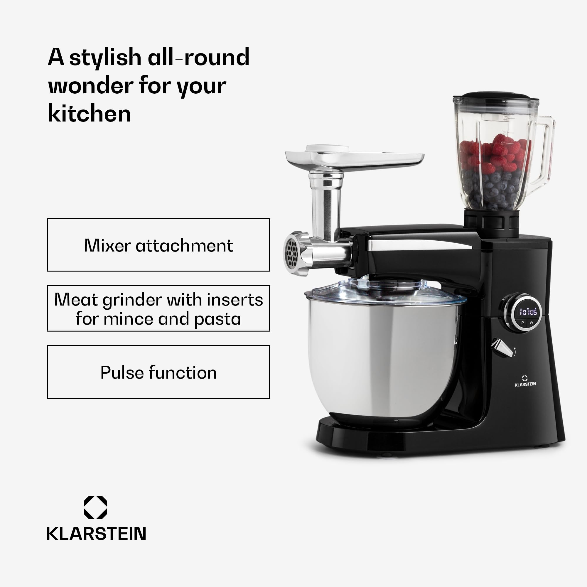 Klarstein Robot kuchenny, uniwersalny robot kuchenny, 3 w 1, mikser i miksery, maszyna do robienia ciasta z maszynką do mięsa, robot kuchenny, maszyna do ugniatania ciasta, miska 10 l, 2000 W
