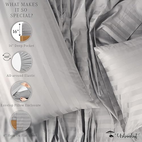 Miniatura 5 de URBANHUT Sábanas de algodón egipcio de 1000 hilos tamaño King a rayas, fibras largas transpirables, juego de sábanas de 4 piezas, sábanas de satén