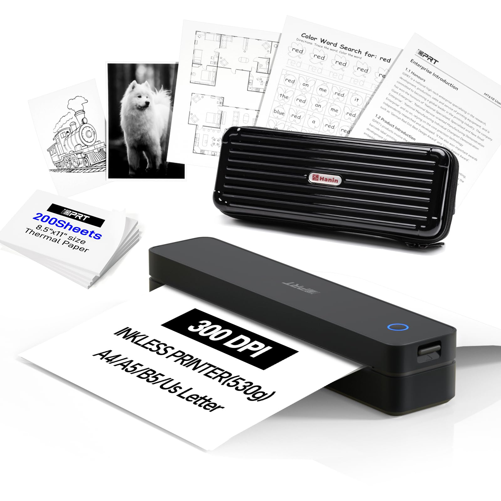 iDPRT Impresora térmica portátil inalámbrica para viajes, impresoras para uso doméstico, vienen con funda de transporte y 200 hojas de papel térmico, soporta carta de EE. UU. de 8.5 x 11 pulgadas y