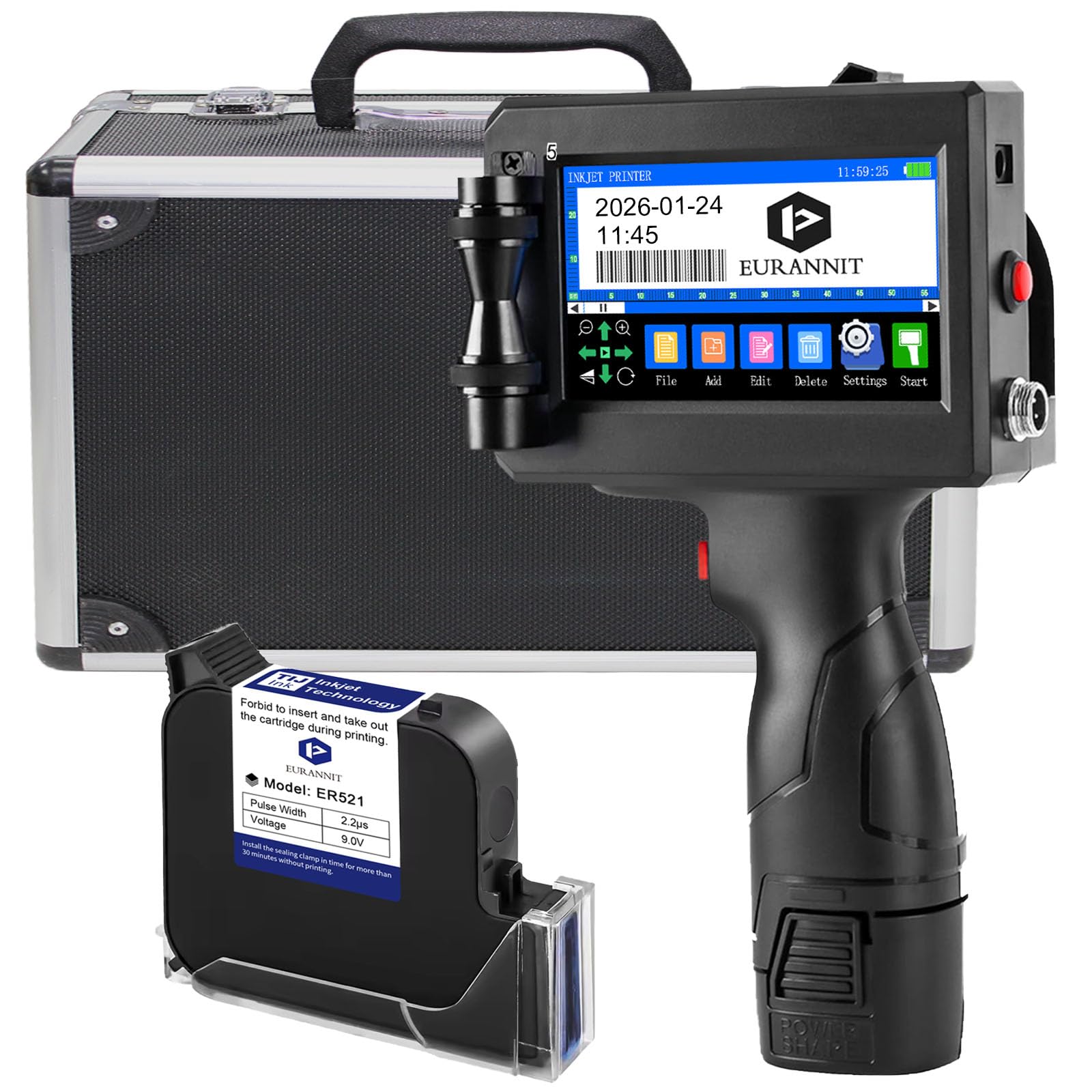 Tragbarer Tintenstrahldrucker, 25,4 mm, E15-1, Tintenstrahldruckerpistole, tragbar, mit Koffer, Touchscreen, LED 4,3 Zoll für Text, Logo, Datum, Chargennummer, QR