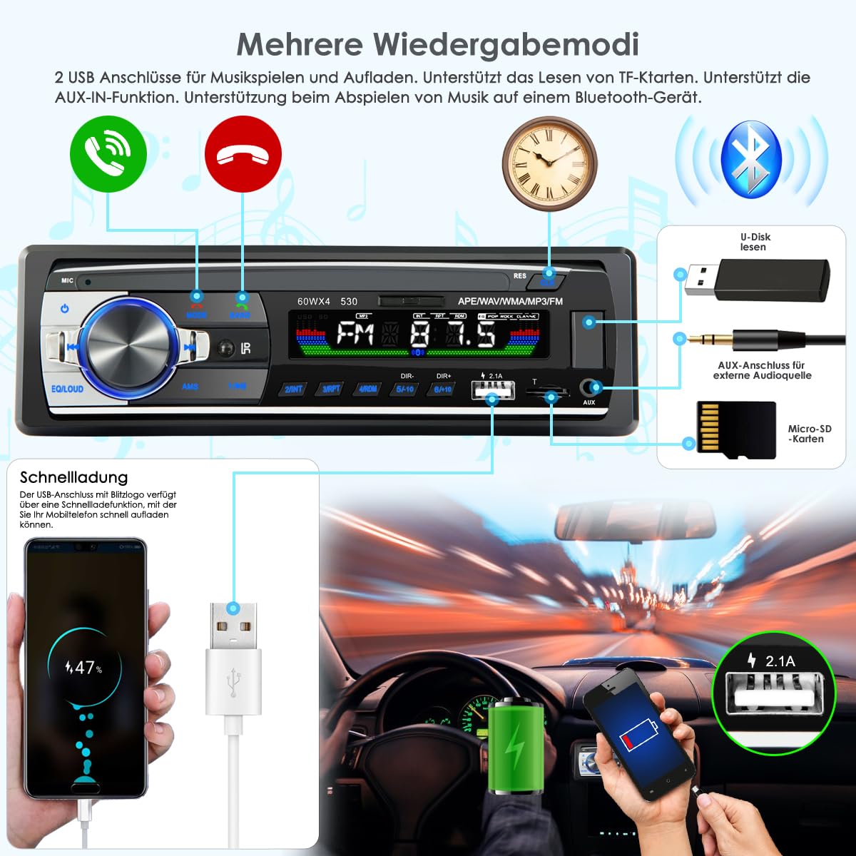 Bluetooth Autoradio mit Freisprecheinrichtung, Autoradio mit Bluetooth USB/TF/MP3-Player/Radio mit AUX-Anschluss für Auto, FM-Radio mit Fernbedienung, 1 DIN RDS, Schnellladefunktion