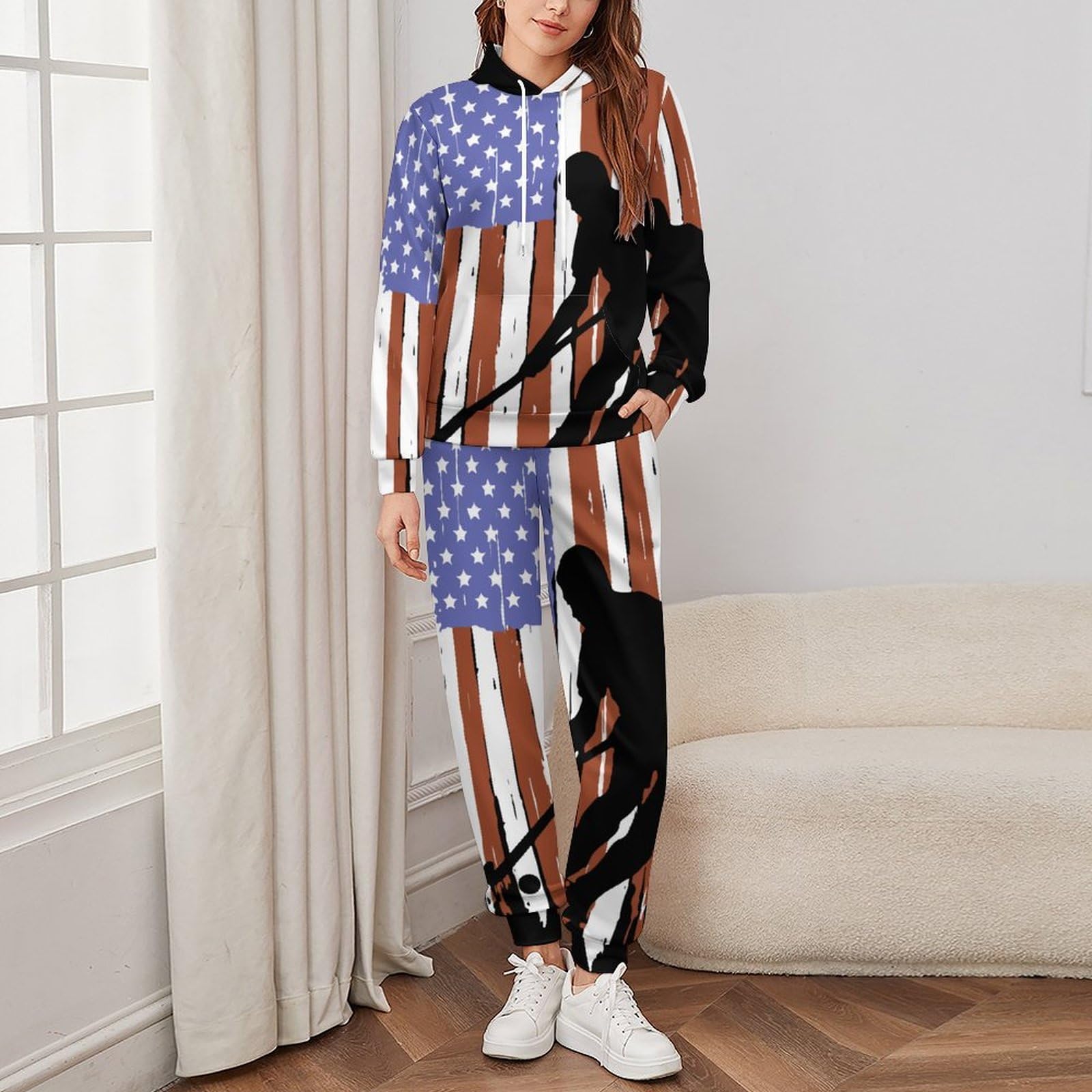 Tuta da hockey su prato con bandiera degli Stati Uniti per gli uomini a maniche lunghe felpa con cappuccio e pantaloni della tuta Set di tute alla moda