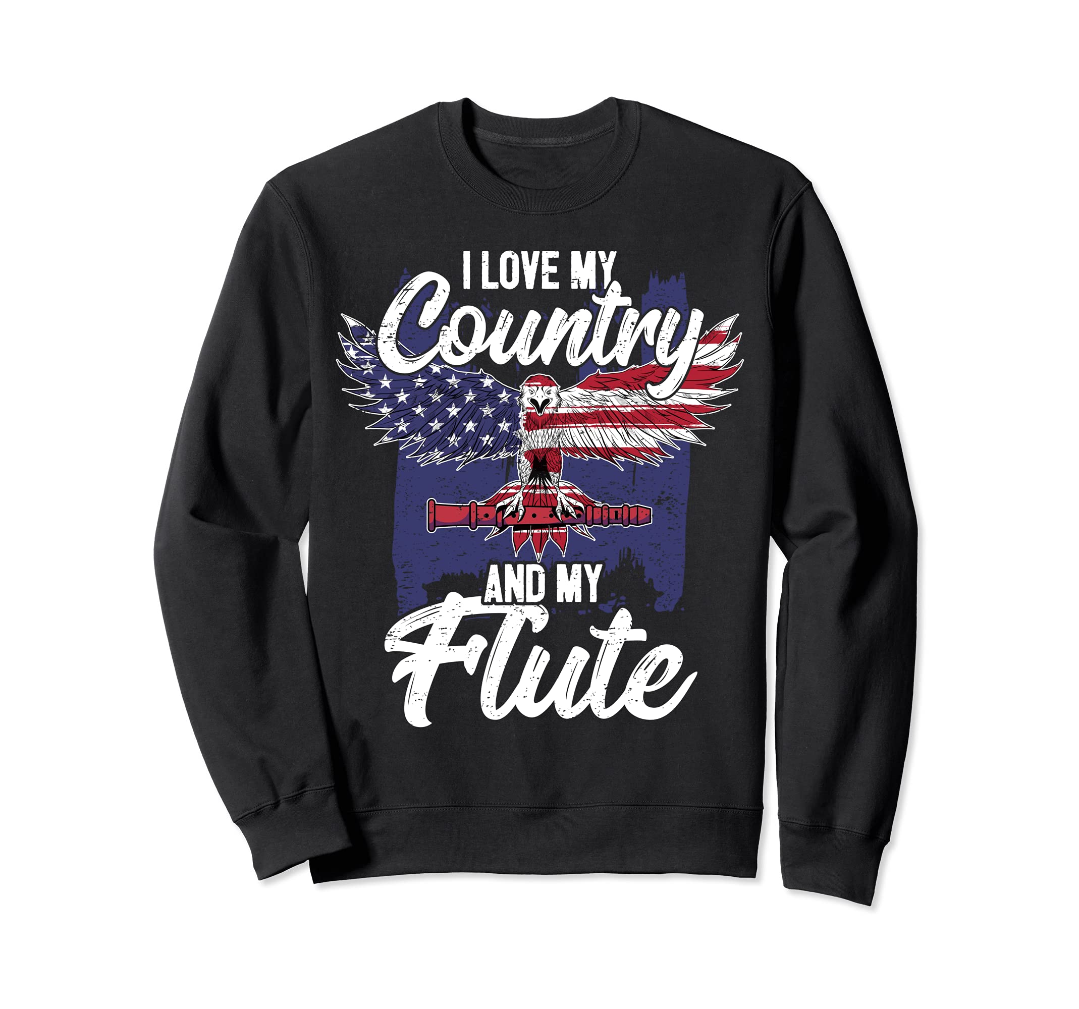Patriotic Flute Player Flutist I American Eagle USA Sweatshirt, Black