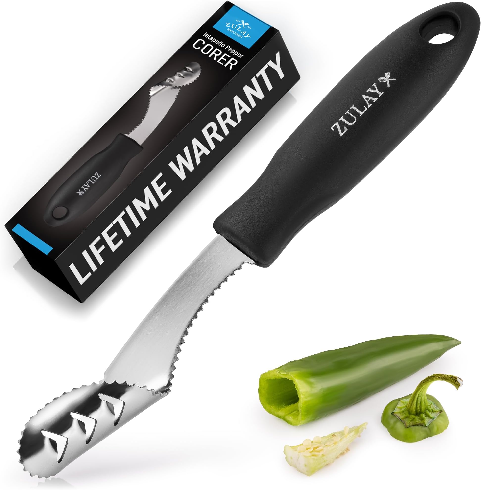 Zulay Kitchen Jalapeno Corer & Seed Remover – 430 Stainless Steel Pepper Coring Tool with Serrated Blade for Effortless Deseeding – Chili, Bell Pepper and Jalapeno Core Remover for Cooking & Grilling