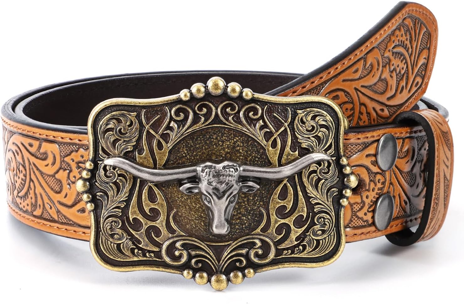 Cowboy Cowgirl Belt Western Belts for Men Women Floral Engraved Longhorn Bull Buckle Belt for Jeans - Image 7