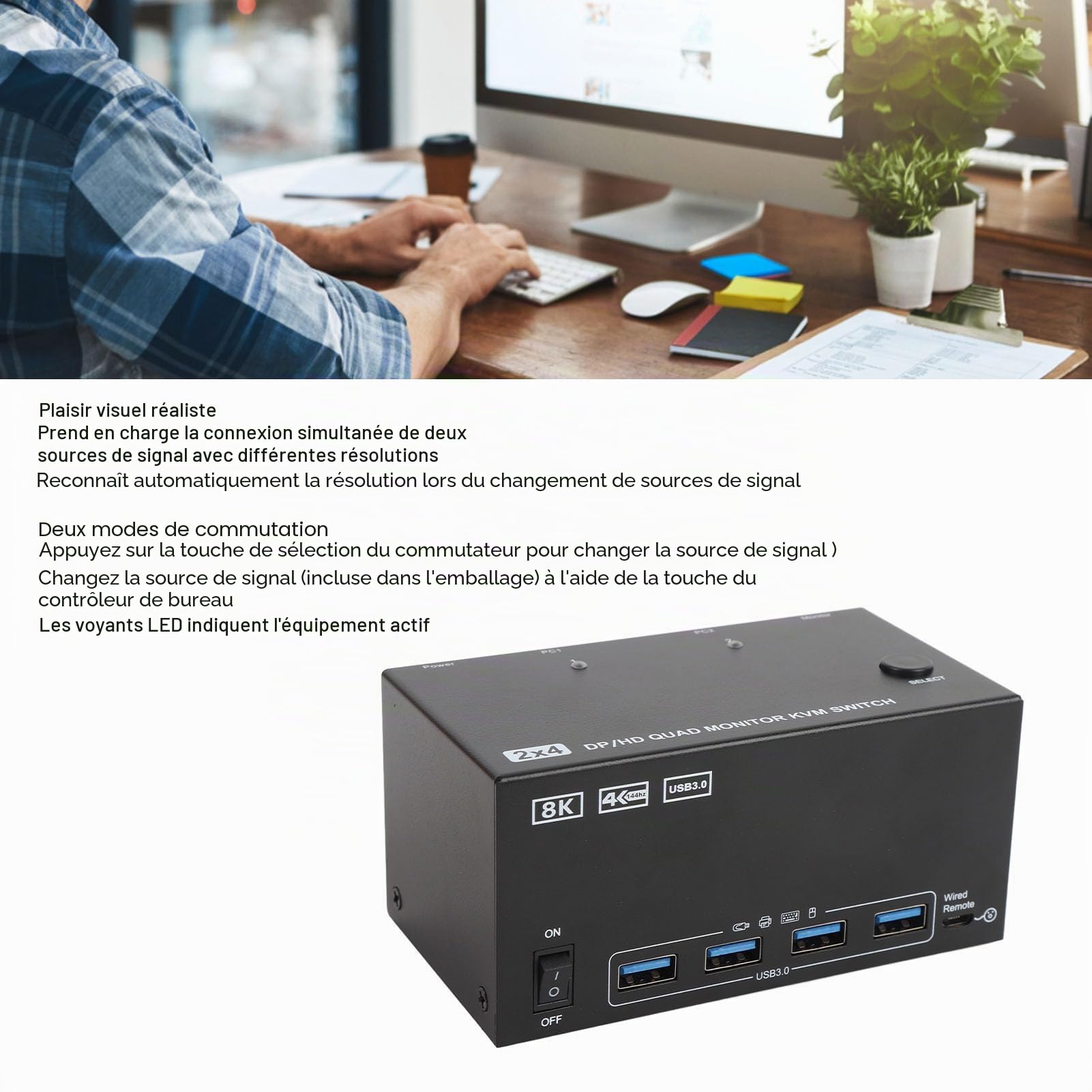 4 Moniteurs KVM Switch avec 4 Ports USB 3.0, 2 Ordinateurs HD 8K 60Hz Displayport (Prise UE)