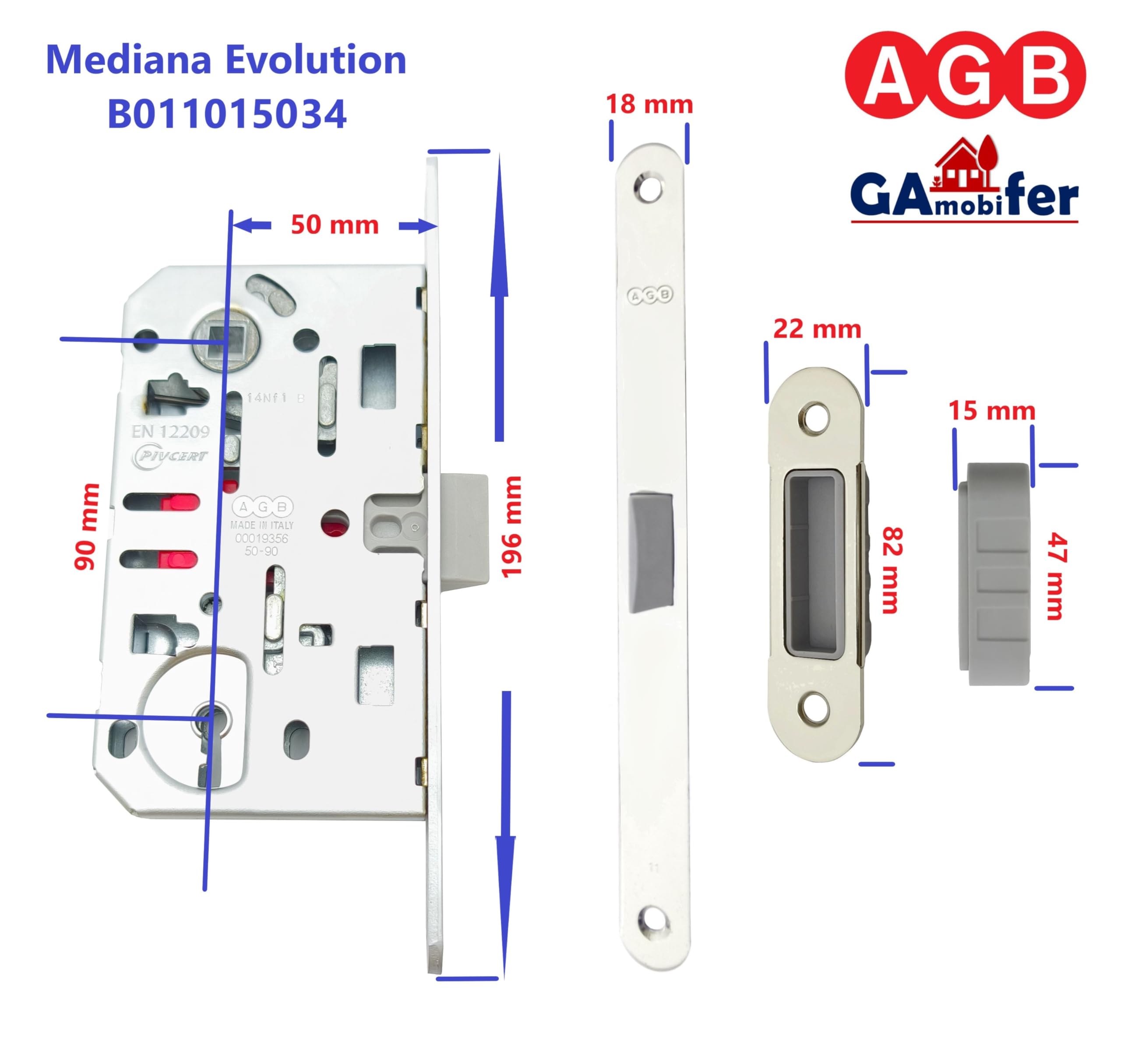 Serrure AGB Mediana Evolution avec verrouillage central uniquement pour porte intérieure. (chromé mat)