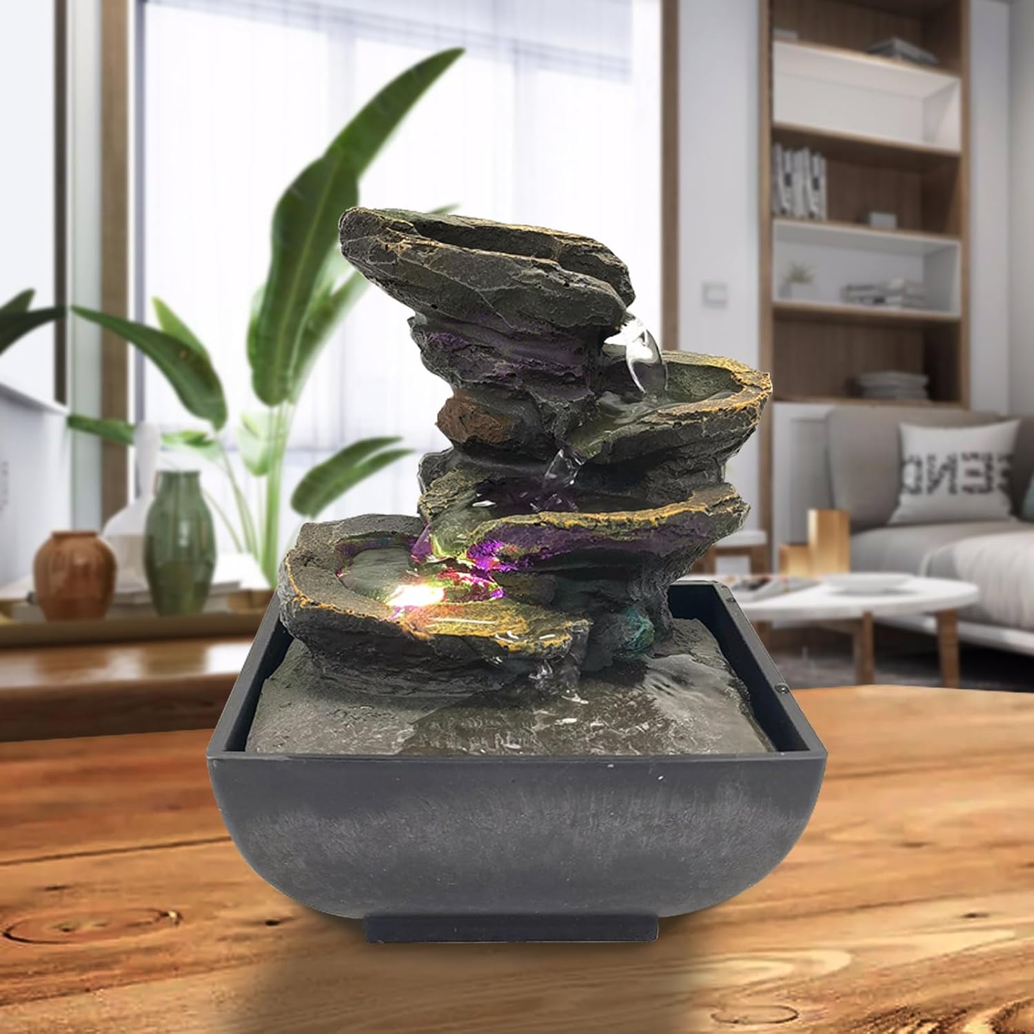 Indoor Tabletop Fountain Water Fountain with Light and Natural Waterfall Sounds for Desktop, Spa and Home Décor, 4-Tier Small Desktop Fountain for Leisure and Relax Zen Meditation