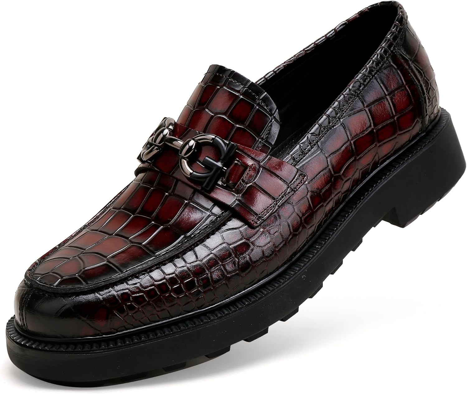 Premium Mens Leather Dress Shoes, Classic Casual Crocodile Printed Business Buckle Dress Slip on Penny Loafer Party Wedding Shoes for Mens