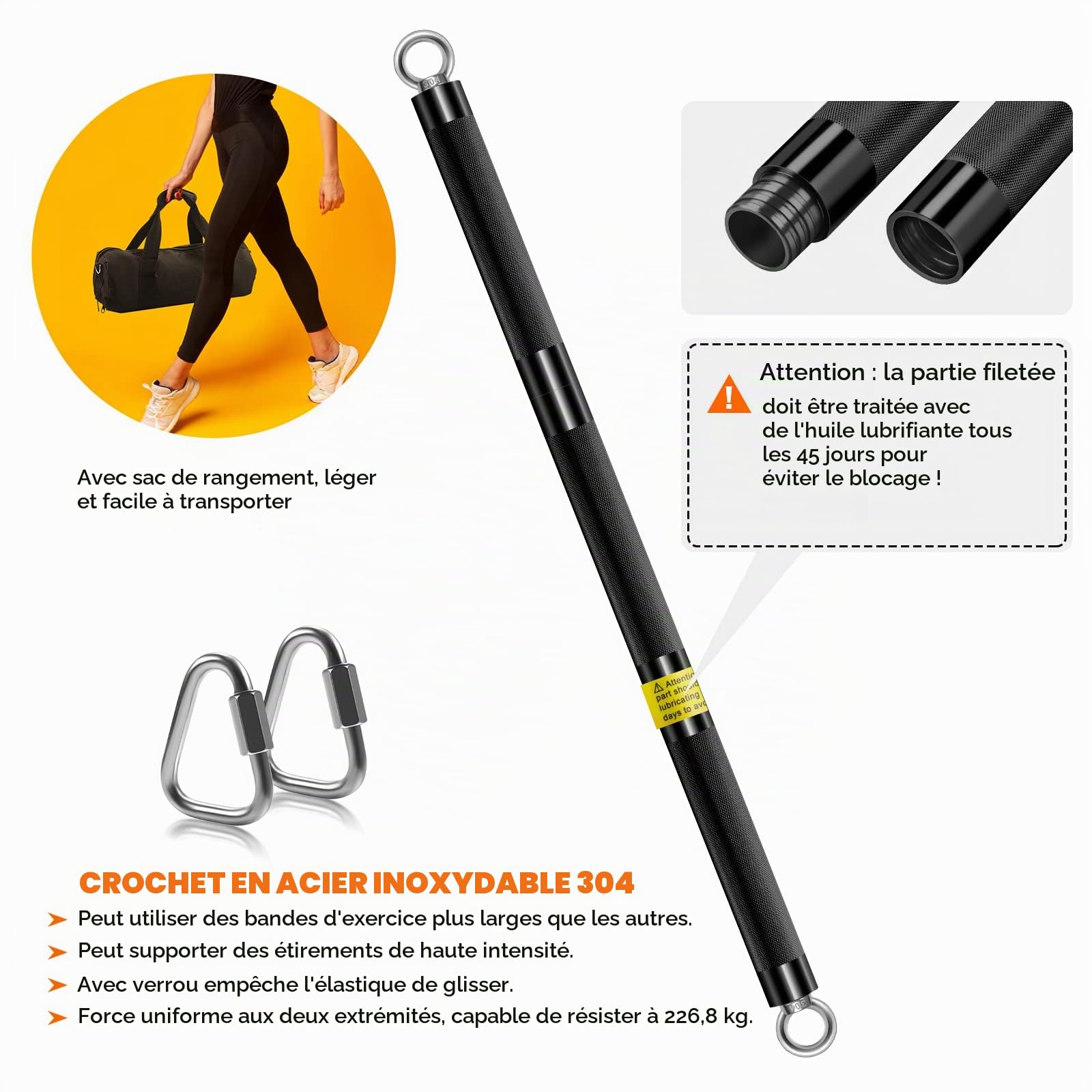 DASKING Barre de Bandes de Résistance, Détachable de 68cm/75cm/90cm/98cm Barres de Fitness, Kit de Smartworkout Bar en Acier Allié pour le Pilates,le Yoga, le Powerlifting, la musculation, le Home Gym
