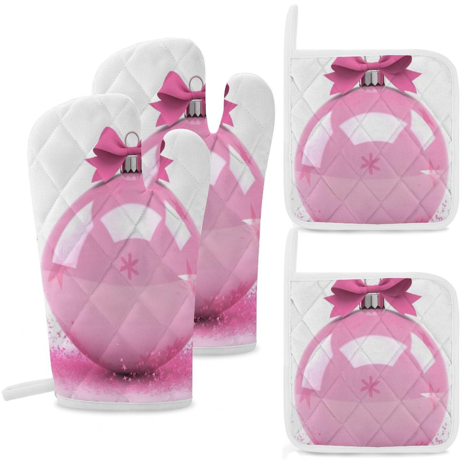 Maniques de cuisine en boule de Noël rose pour four et plats chauds | Lot de 4