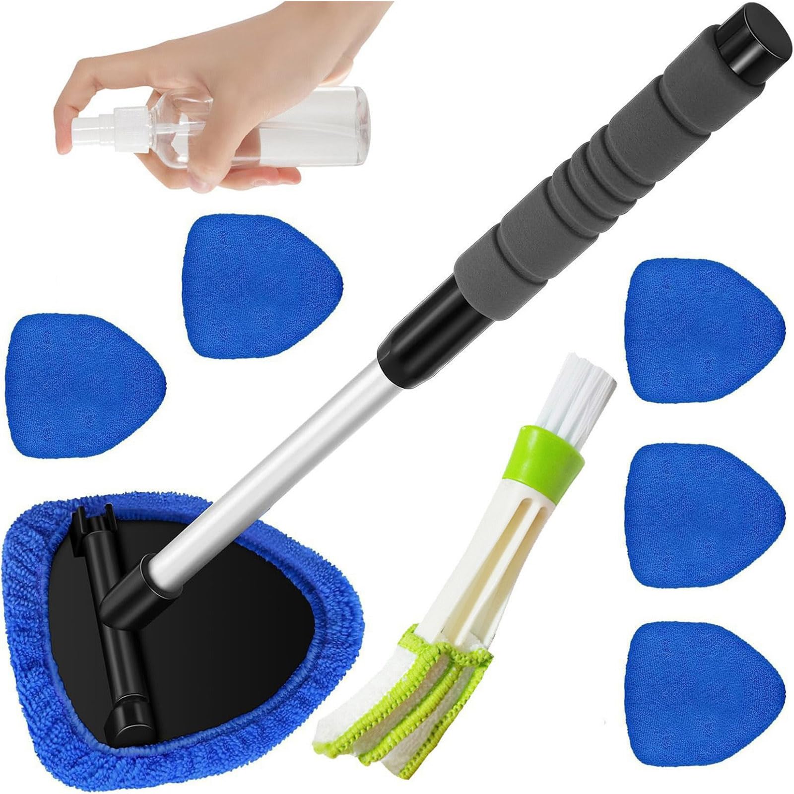 Tsophreniq Blue Windshield Scrubber With Extendable Handle & 6 Washable Microfiber Pads For All Vehicles Microfiber Car Window Scrubber