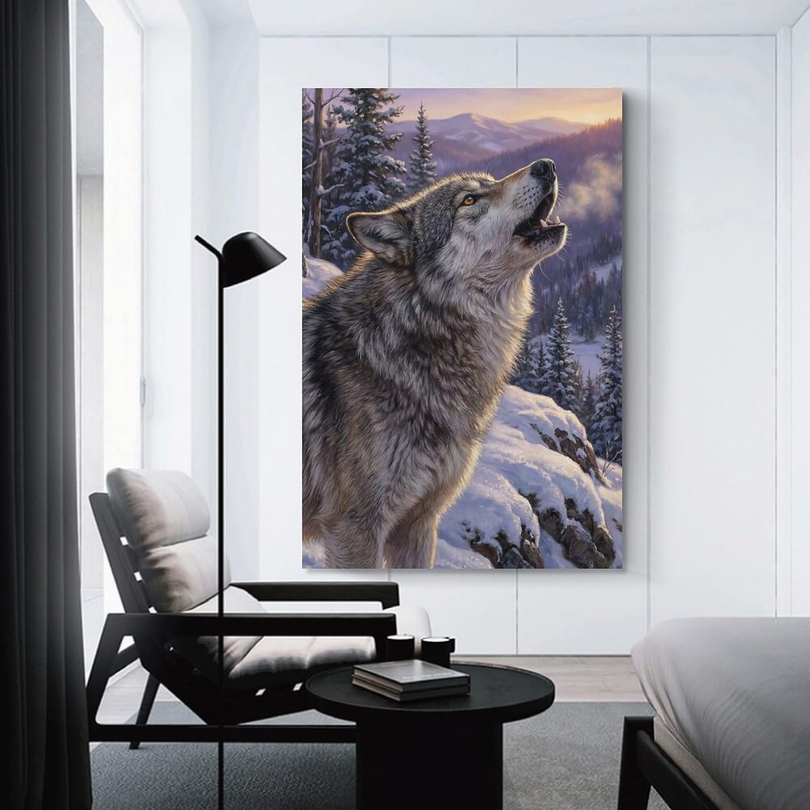 Junmoney Canvas Art Print Howling Wolf in Winter Landscape, 16x24inch(40x60cm), for Office, Study Or Home Workspace, Decorative Artwork for Productive Spaces