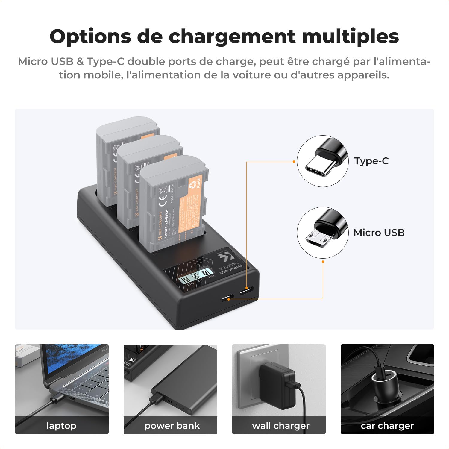 K&F CONCEPT LP-E6NH/LP-E6N/LP-E6 Chargeur 3 Slot R7 Batterie Chargeur avec Écran LCD pour Canon EOS R5 R6 R7 5D 6D 7D Mark II Caméras
