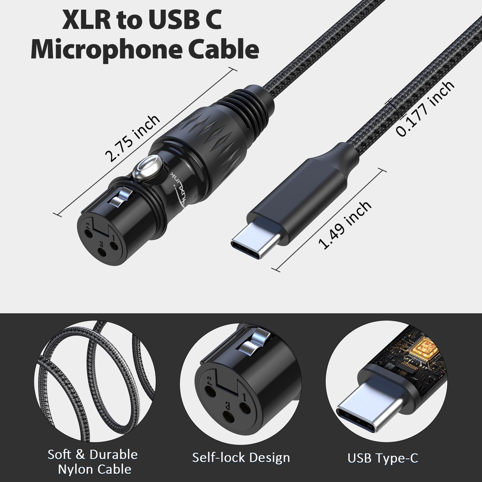 Cavo da XLR a USB C, 1,8 m, da XLR a USB, USB C a XLR femmina, cavo microfono in nylon intrecciato per iPhone 15, Samsung, Google, HTC, smartphone, tablet, notebook