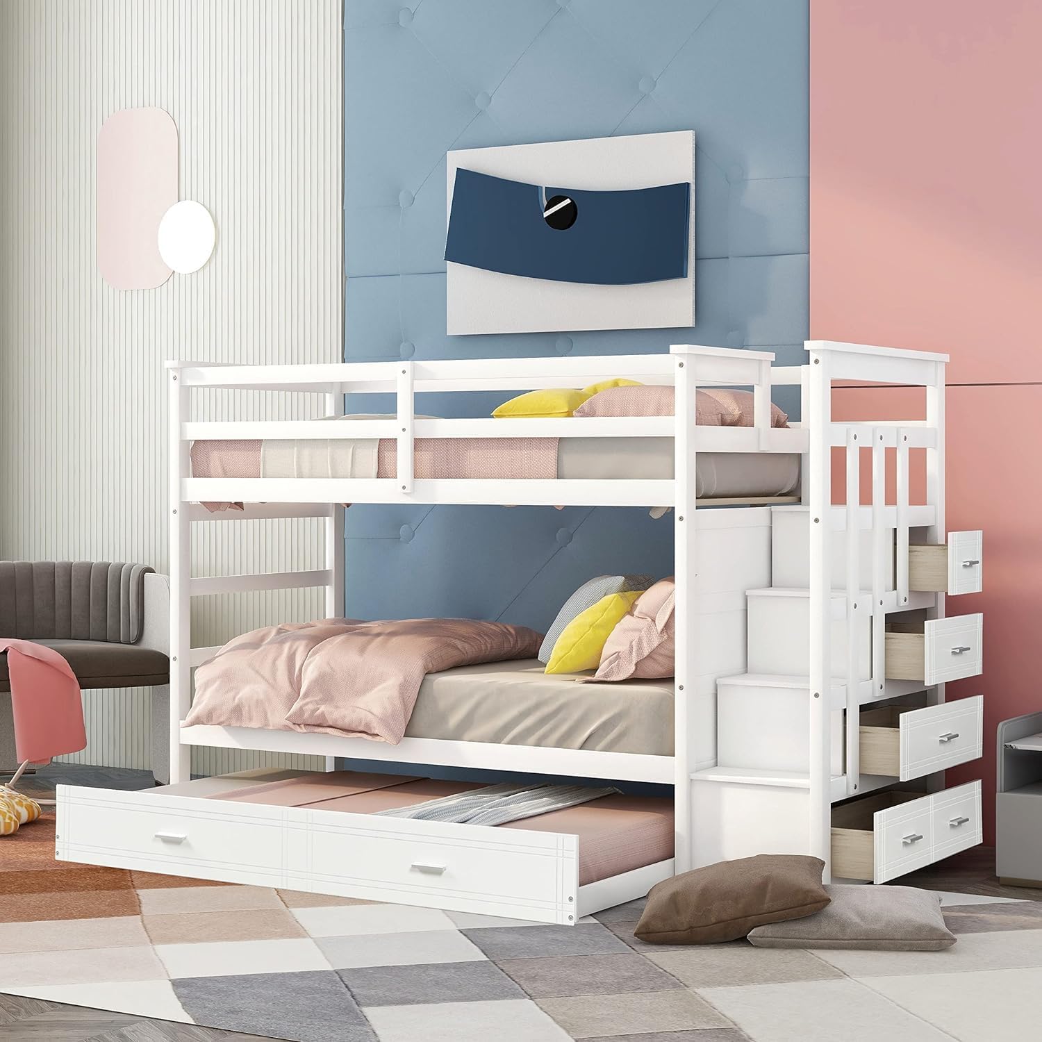 Bellemave Twin Over Twin Bunk Bed with Twin Size Trundle, Solid Wood Bunk Beds with 4 Storage Drawers, Staircase and Safety Guard Rail, No Box Spring Needed (White)