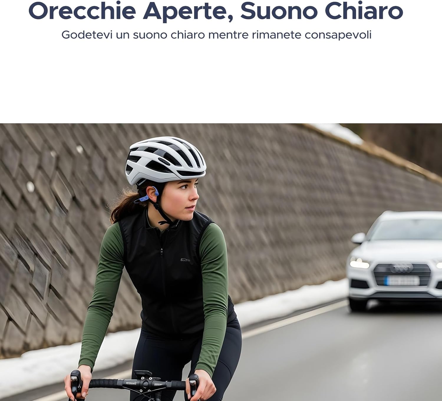 Cyclist wearing blue DOOGEE BoneBeat Swim Lite headphones and a helmet, demonstrating open-ear design.