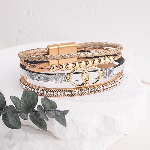 Miniatura 7 de FANCY SHINY Pulseras bohemias de cuero con cuentas doradas para mujer, apilables con cierre magnético