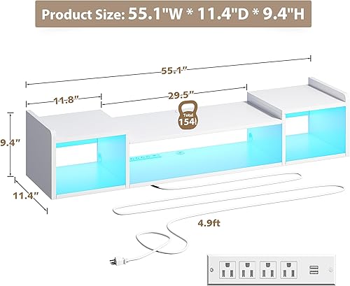 Miniatura 7 de Soporte de TV flotante de 55 pulgadas de ancho con luces LED y tomas de corriente, centro de entretenimiento montado en la pared para estante de TV