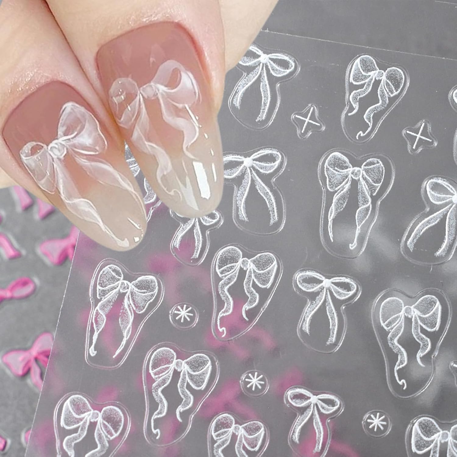 IDDFEVE Bow Nail Art Stickers - Valentines Day Pink Heart Bow Self-Adhesive Nail Decals for DIY Star Manicure (4 Sheets)