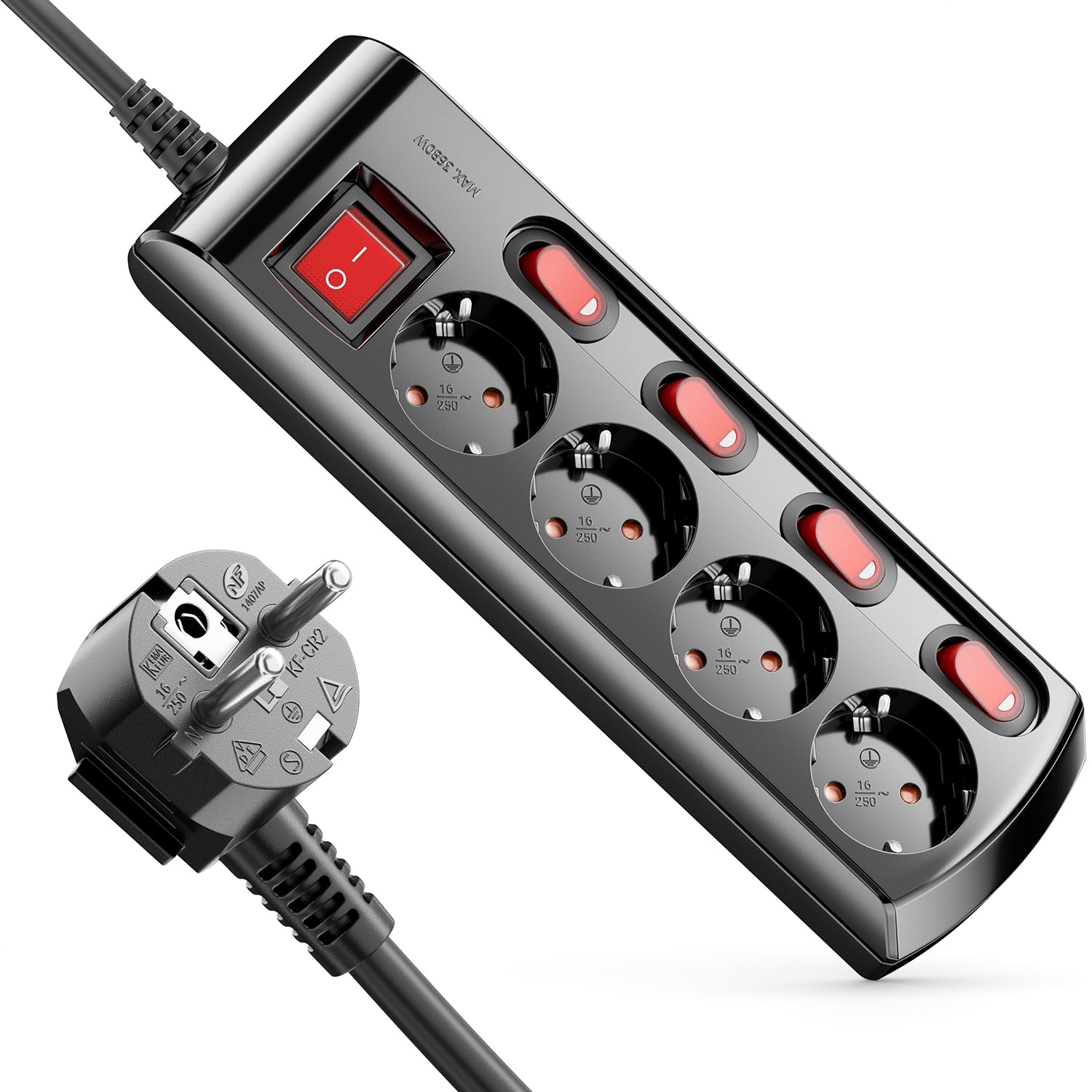Regleta De Enchufes Con 4 Interruptores Individuales - Cable 1,4 M, Blanco, Protección Contra Sobretensiones, Interruptor Principal