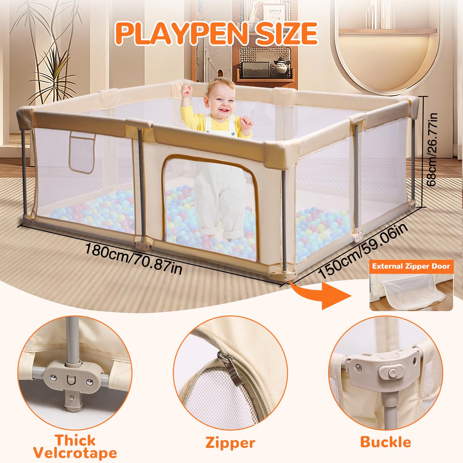 Parc pliable pour bébés et tout-petits, extra large avec portail, centre d'activités pour bébé avec clôture, parc de jeu de voyage (kaki 150 cm x 180 cm)