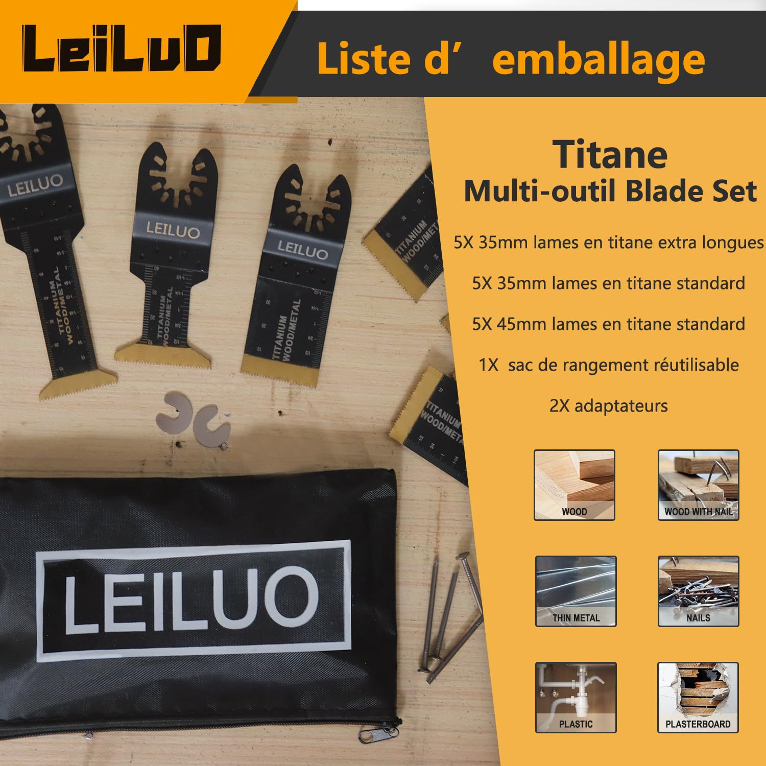 Kit lame multiutensile in titanio LEILUO 15 pezzi Lame oscillanti per chiodi Legno Confezionato in custodia Adatto a Dewalt Makita Ryobi Milwaukee e altro