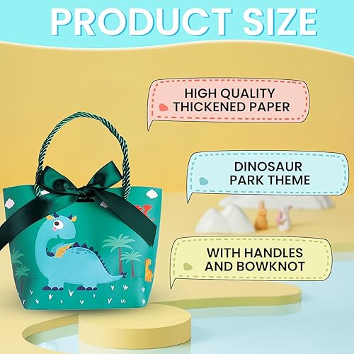 Miniatura 3 de Paquete de 6 bolsas de regalo de dinosaurio con asas y lazo, bolsas de papel de dinosaurio verde para fiestas, suministros de fiesta para