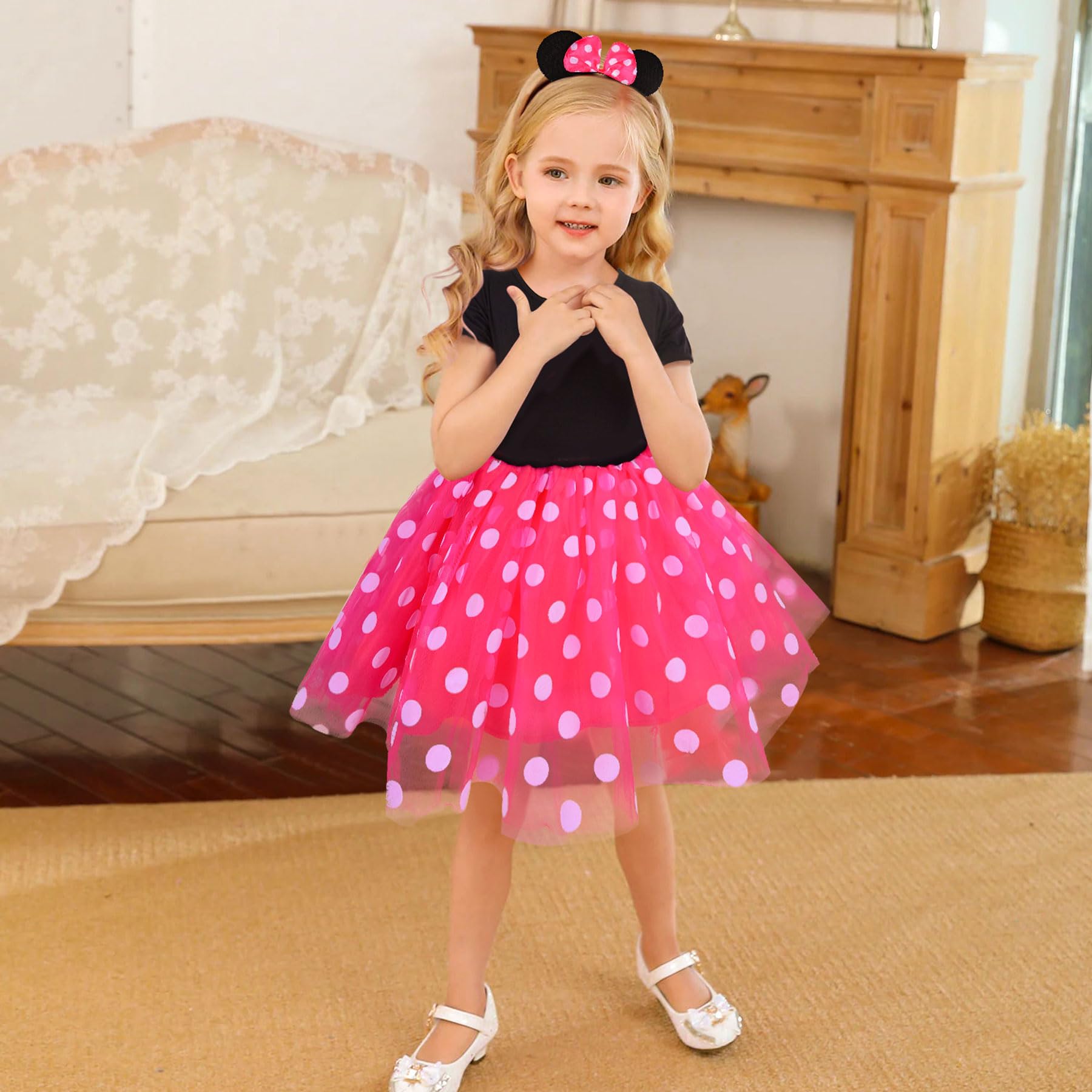 Little Girls Polka Dots Fancy Princess Dress Kid Girl Birthday Party Outfit Child Girls Tulle Dress, Pink 18-24 Months