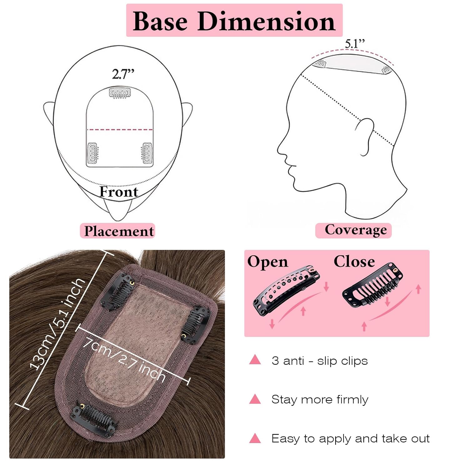SEGO 100% Real Human Hair Toppers, with Air Bangs, Silk Base 150% Density, Clip in Topper, 2.7”x5.1”, HairPieces for Women, with Thinning/Hair Loss Cover Gray