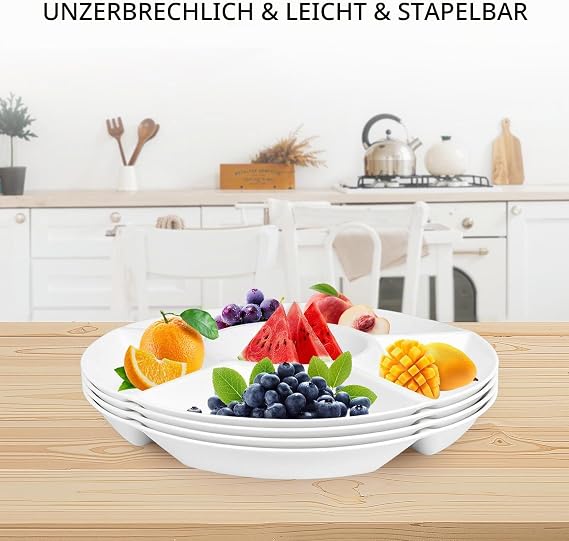 12.4 Inch Round Snack Plates with 6 Compartments Set of 4 Plastic Serving Plates Serving Tray for Party Buffet Snack Nuts Candy White