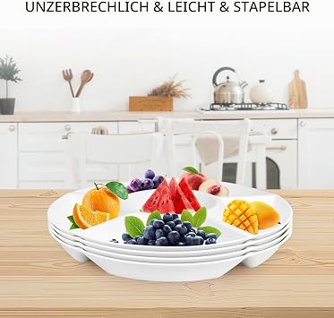 12.4 Inch Round Snack Plates with 6 Compartments Set of 4 Plastic Serving Plates Serving Tray for Party Buffet Snack Nuts Candy White