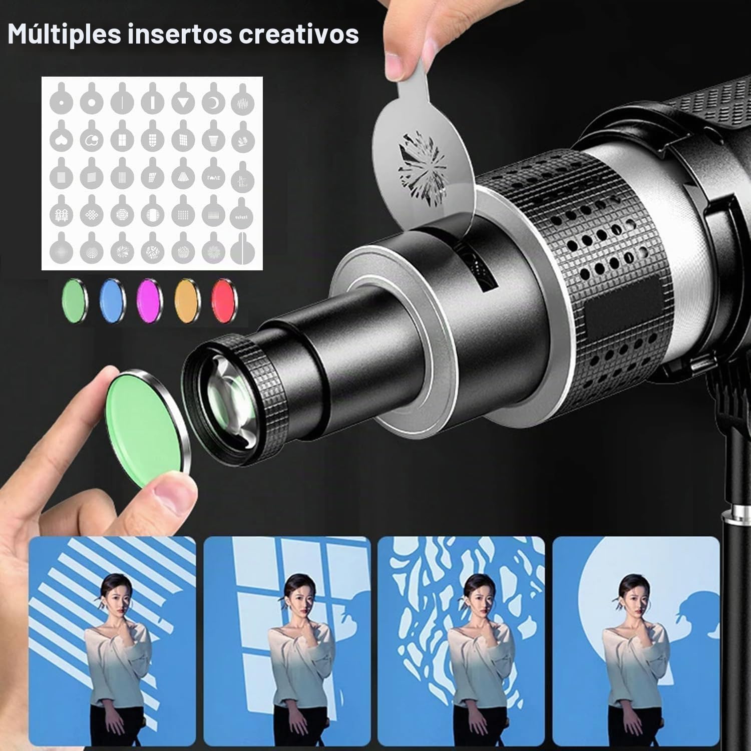 Snoot Bowens - Soporte proyector 35 gobos 5 filtros color, accesorios luz vídeo NEEWER CB60B CB200B, Aputure Amaran 60XS 100X/D 200D/X, Godox SL60 SL60W