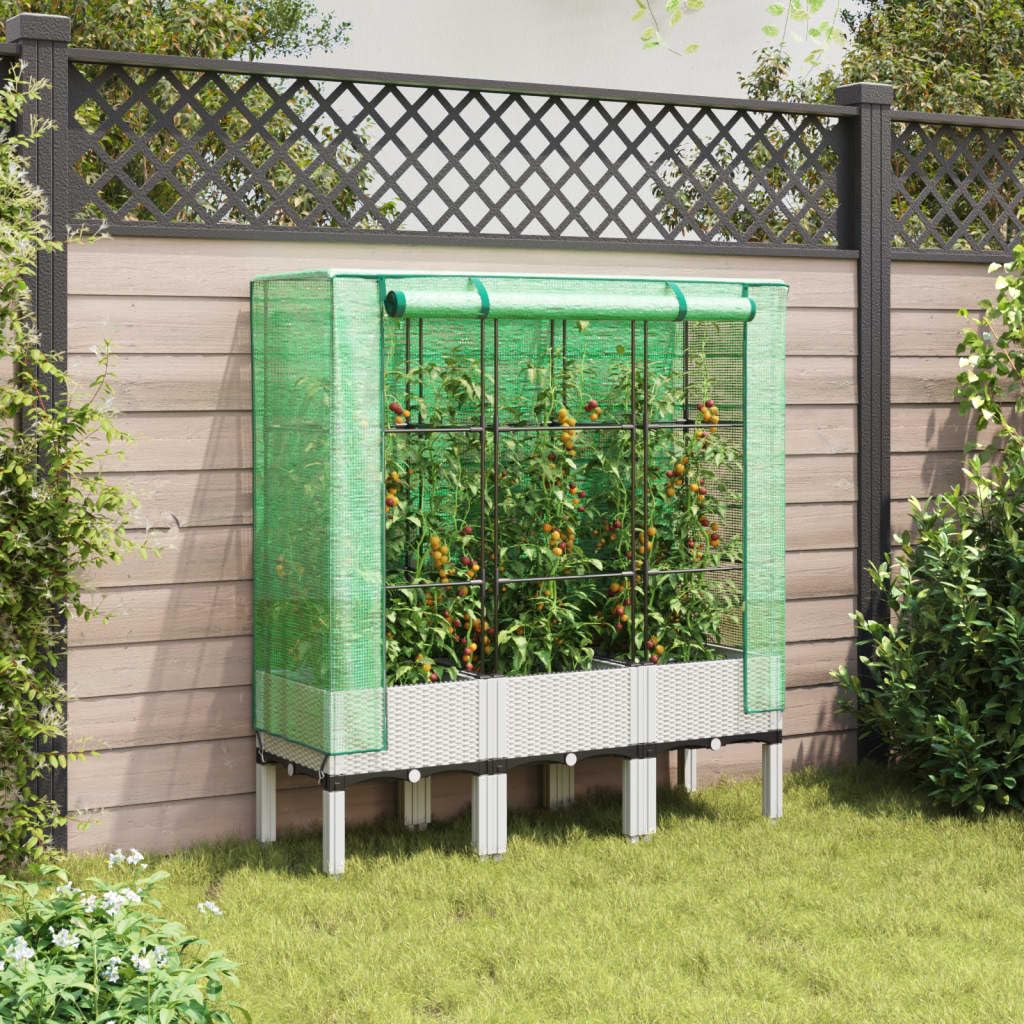 Bancal alto con accesorio para invernadero, 120 x 40 x 140 cm, aspecto de ratán blanco, PP+hierro, Urban Gardening, balcón, jardín