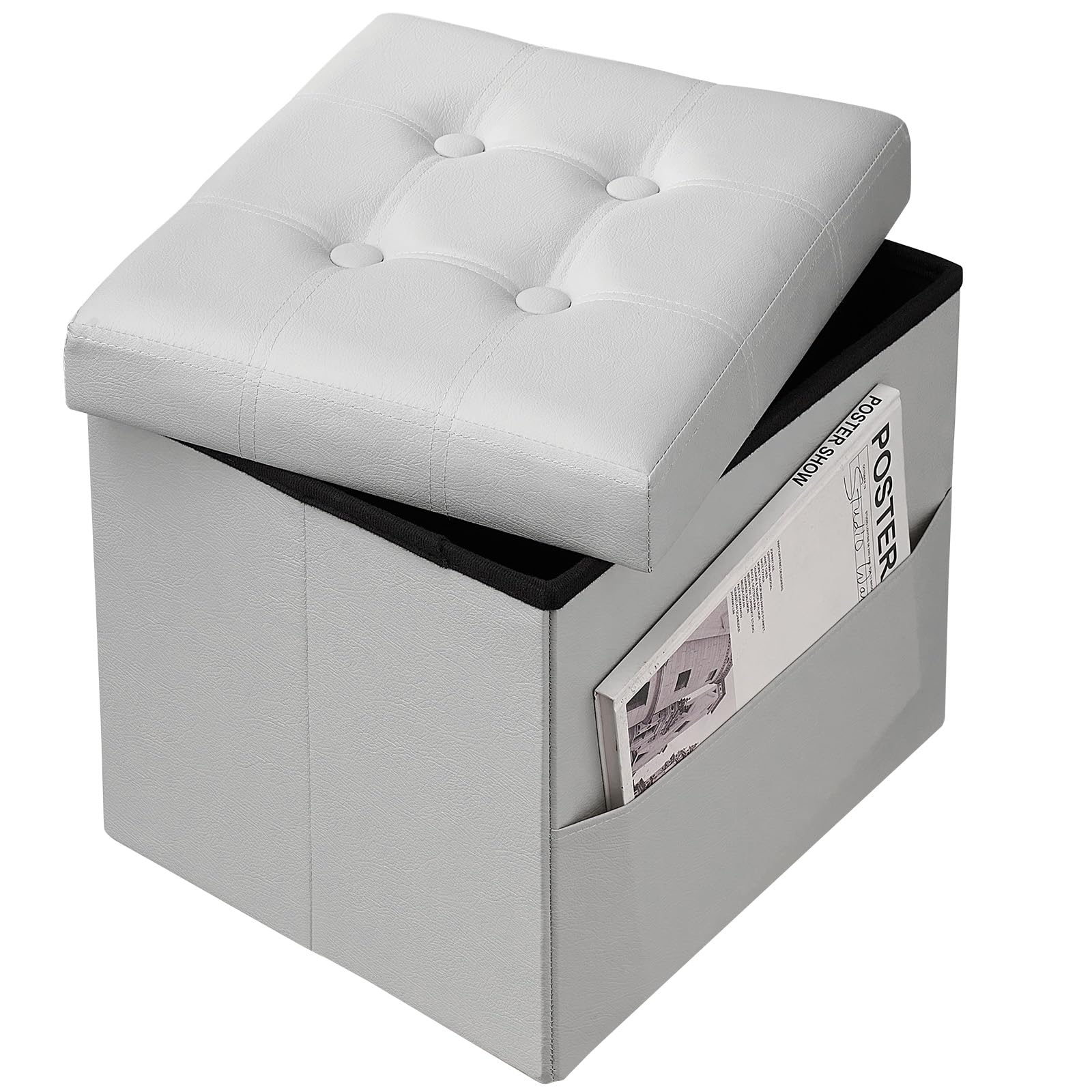 Ottoman with Storage Foot Stool, 17 Inches Folding Storage Ottomans, Leather Upholstered Ottoman Foot Rest with Side Pockets, Suitable for Living Room, Bedroom, Cafe, Grey